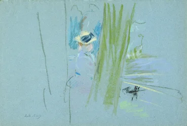 Woman fishing at a lake, 1885
